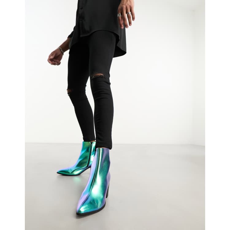 ASOS DESIGN heeled chelsea boot in blue mirror faux leather