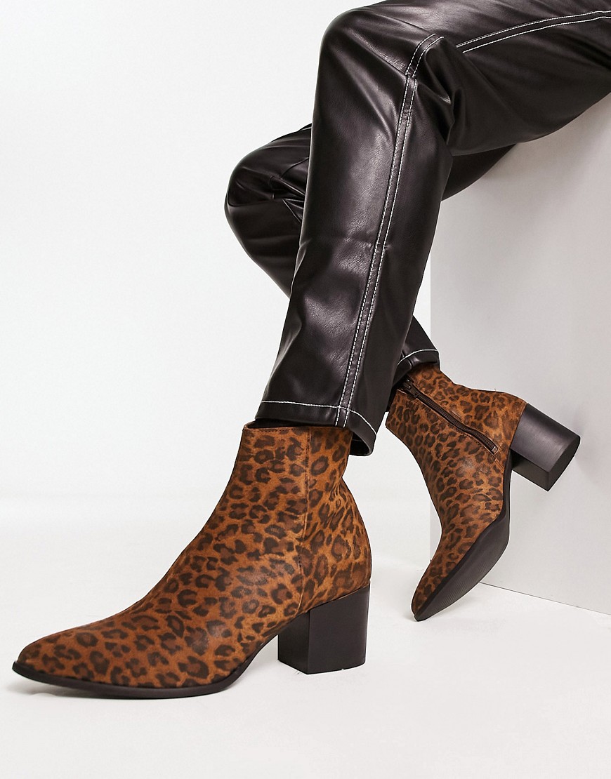 ASOS DESIGN heeled chelsea boot in faux leopard print-Brown