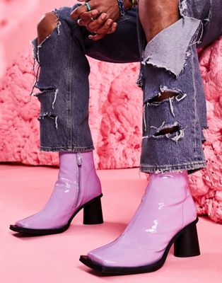 ASOS DESIGN Heeled chelsea boot in lilac patent faux leather with contrast sole
