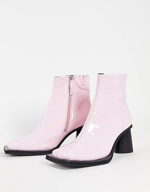 ASOS DESIGN Heeled chelsea boot in pink patent faux leather with contrast sole