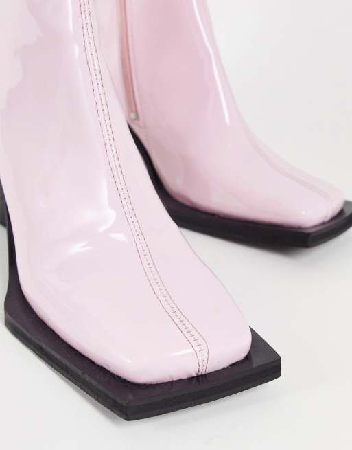 ASOS DESIGN Heeled chelsea boot in pink patent faux leather with contrast sole, 4 of 4