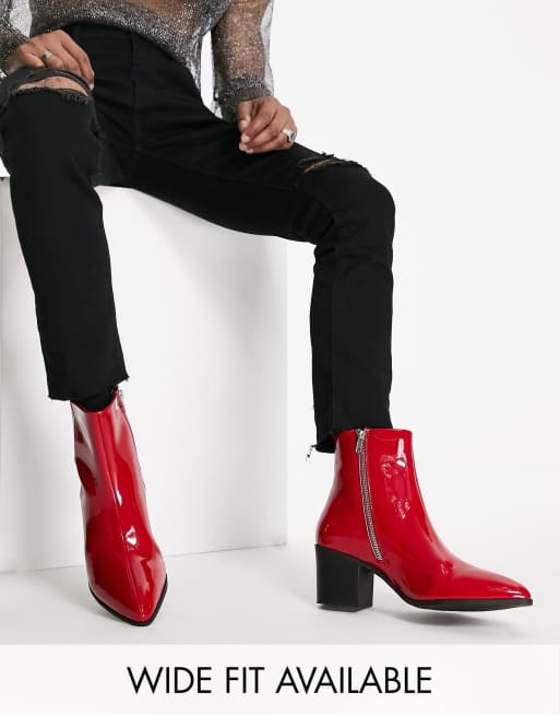 ASOS Design Heeled Boots in Red Patent Faux Leather