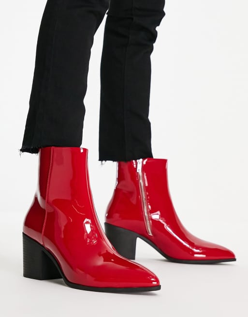 ASOS Design Heeled Boots in Red Patent Faux Leather