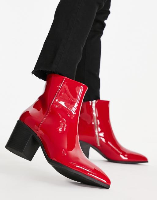 ASOS Design Heeled Boots in Red Patent Faux Leather