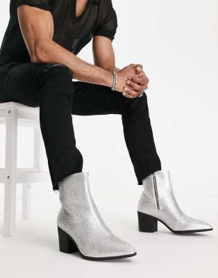 Asos Design Heeled Chelsea Boot In Silver With Diamante Studs