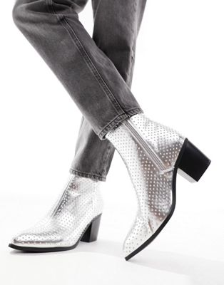Shop Asos Design Heeled Chelsea Boot In Silver With Studs