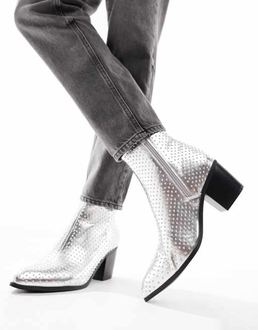 ASOS DESIGN heeled chelsea boot in silver with studs