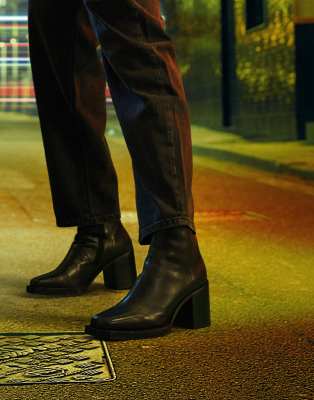 Asos Design Heeled Black Leather Chelsea Boot With Angled Heel