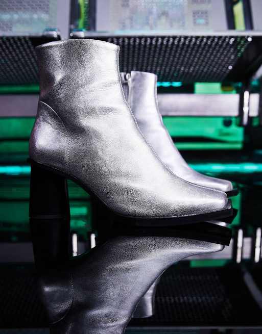 ASOS DESIGN heeled chelsea boot with extreme square toe and round heel in silver leather