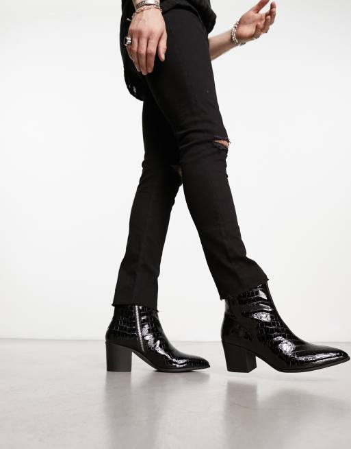 ASOS DESIGN cuban heeled chelsea boots in black with silver rub off