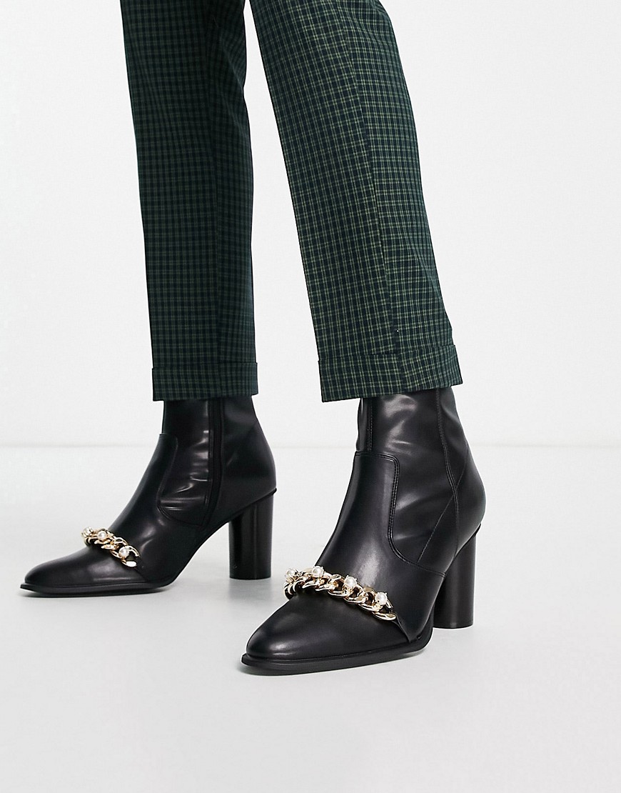 Asos Design Heeled Chelsea Boots In Black Faux Leather With Pearl Chain Detail