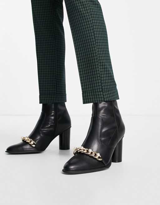 ASOS DESIGN heeled chelsea boots in black faux leather with pearl chain  detail | ASOS