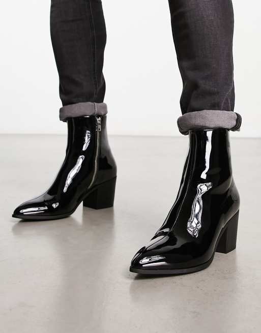 Saint Laurent Black Patent Leather French Boots for Men