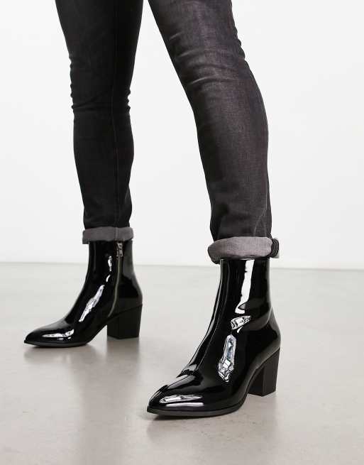 Black patent leather store booties heel