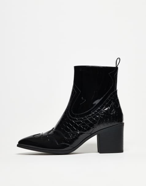ASOS DESIGN heeled chelsea boots in black patent with western detail - view 1