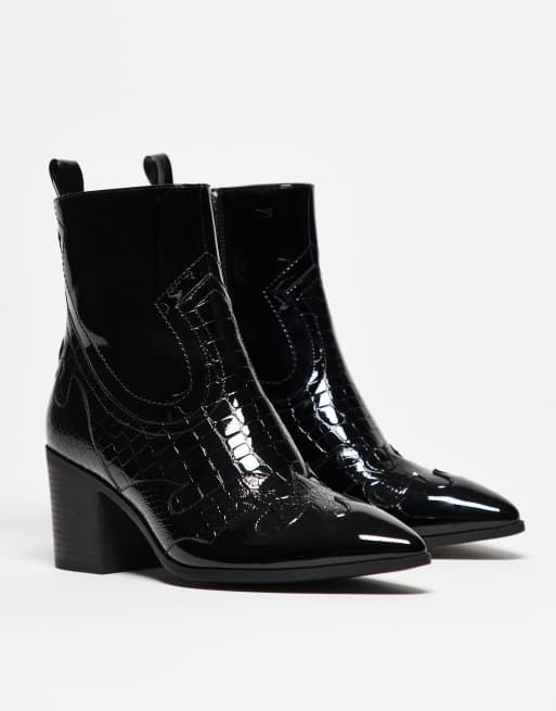 ASOS DESIGN heeled Chelsea boots in black patent with western detail