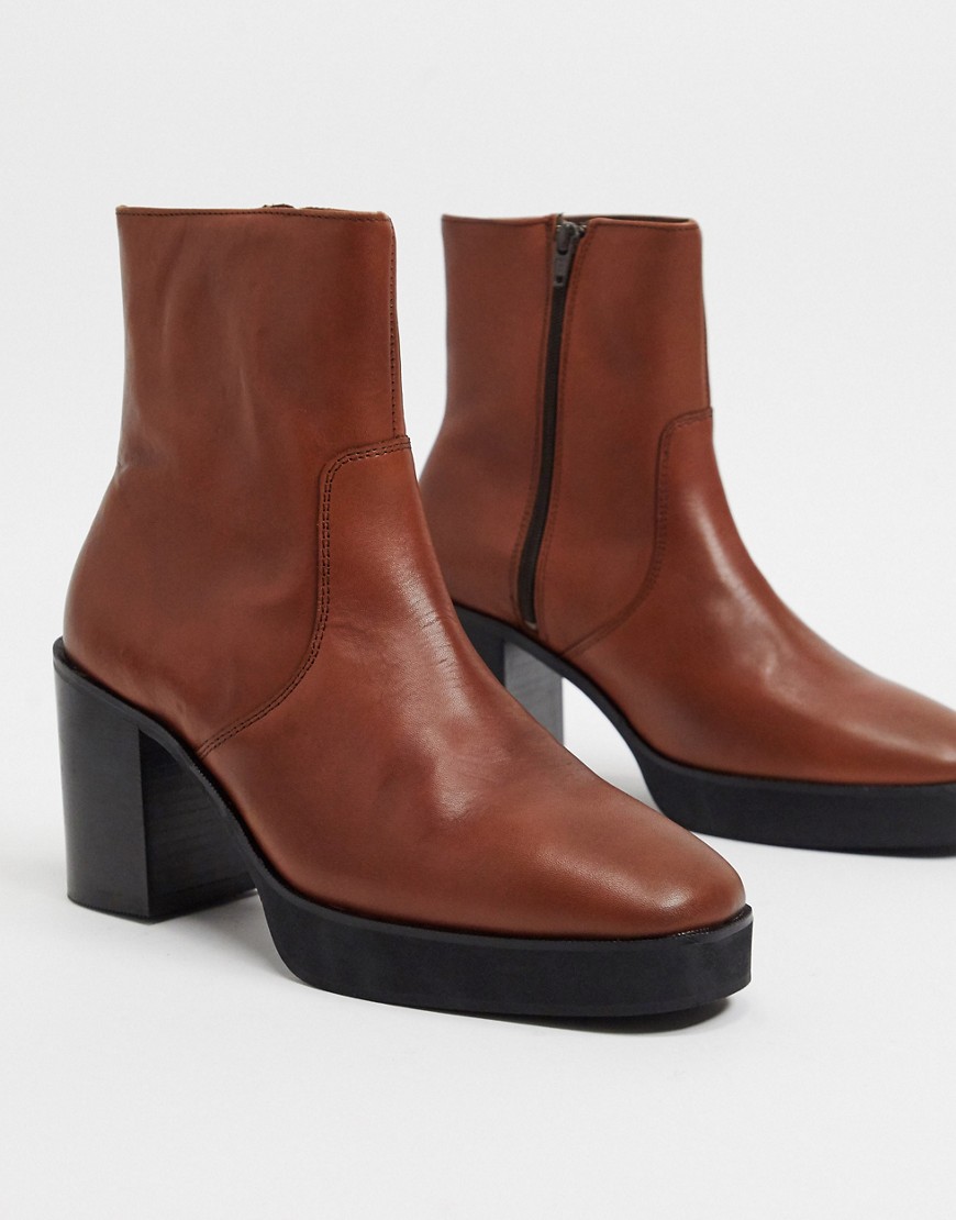 ASOS DESIGN heeled chelsea boots in brown leather on platform sole