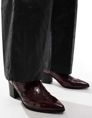 ASOS DESIGN heeled chelsea boots in burgundy patent with western detail-Red