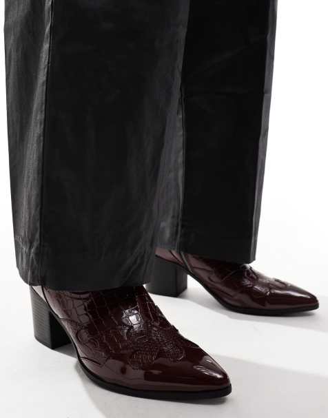 ASOS DESIGN heeled chelsea boots in burgundy patent with western detail - view 1