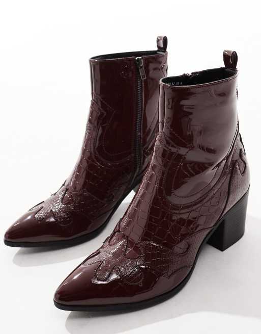 ASOS DESIGN heeled chelsea boots in burgundy patent with western detail ASOS