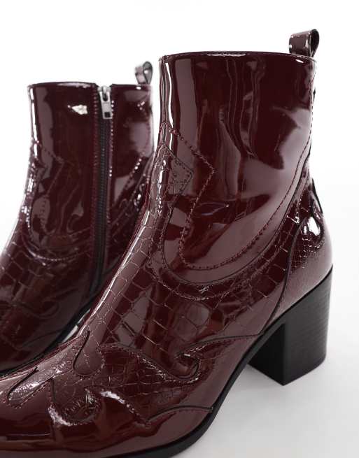 ASOS DESIGN heeled chelsea boots in burgundy patent with western detail