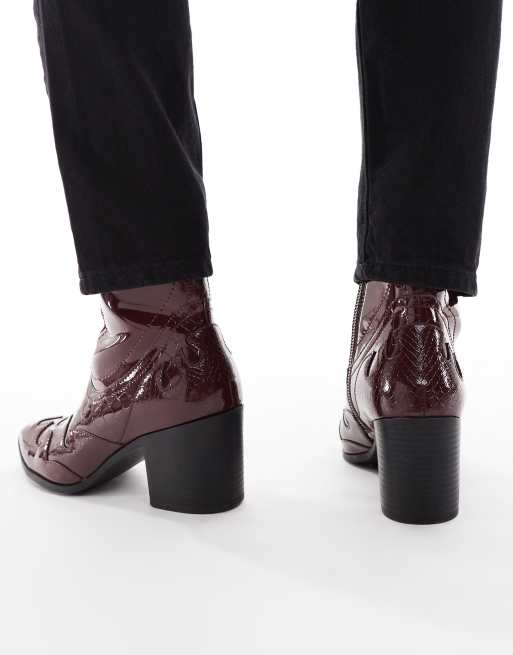 ASOS DESIGN heeled chelsea boots in burgundy patent with western detail
