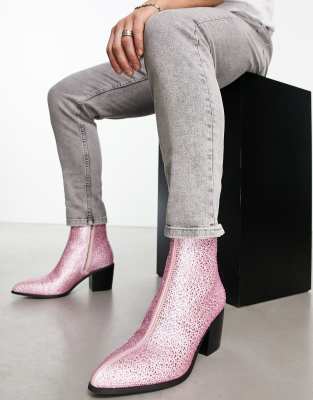 ASOS DESIGN ASOS DESIGN heeled chelsea boots in pink faux leather with diamante detail
