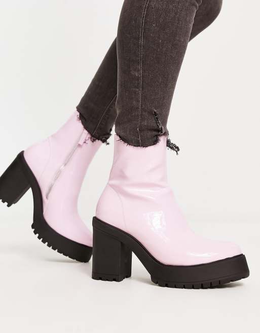 ASOS DESIGN heeled chelsea boots in pink faux leather with platform sole