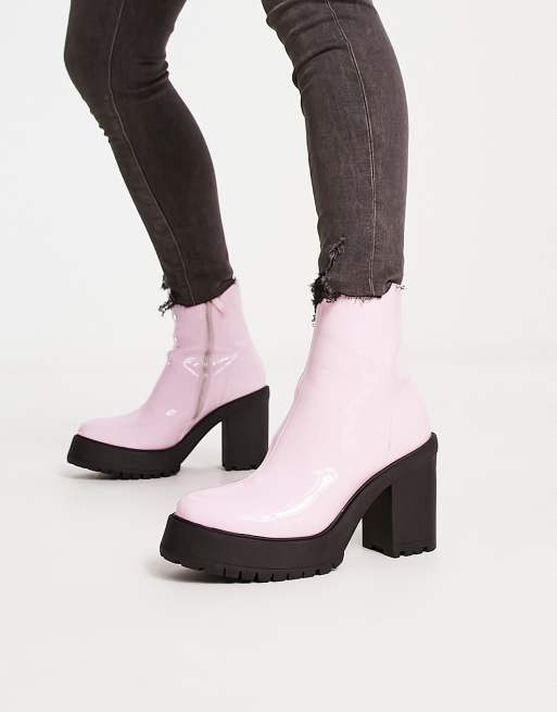 ASOS DESIGN heeled chelsea boots in pink faux leather with platform sole