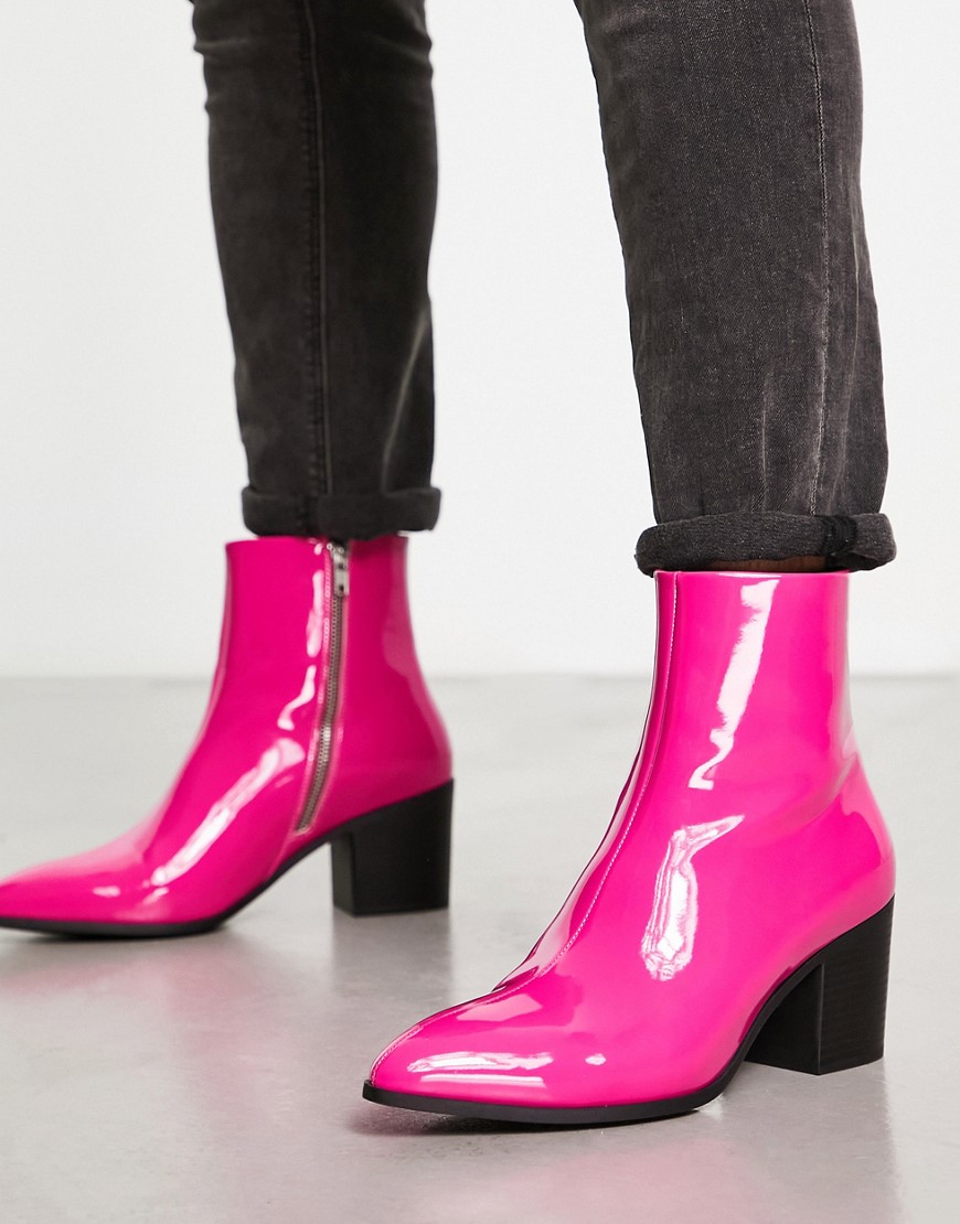 Asos Design Heeled Chelsea Boots In Pink Patent Faux Leather