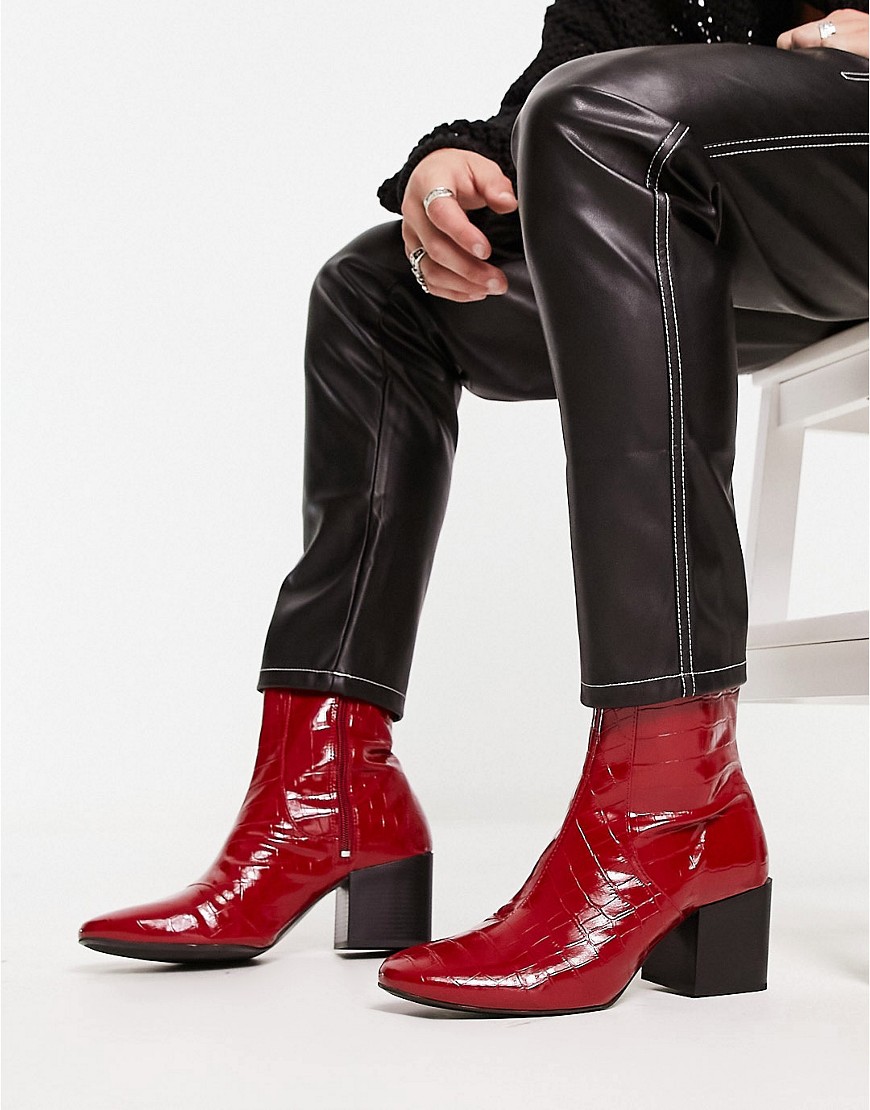 ASOS DESIGN heeled chelsea boots in red patent faux snake skin