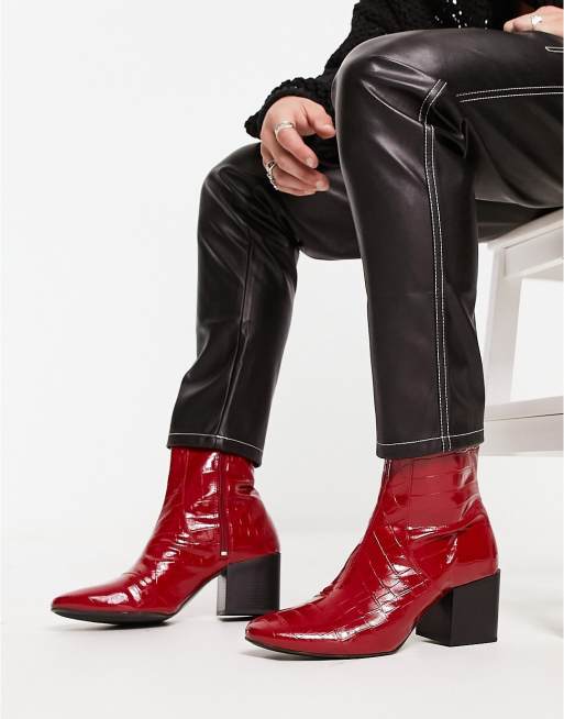 ASOS DESIGN heeled boots in red patent faux snake skin | ASOS