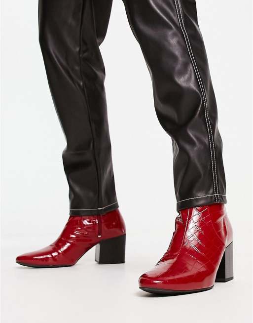 ASOS DESIGN heeled boots in red patent faux snake skin | ASOS