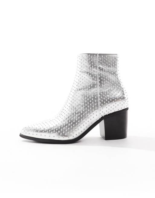 ASOS DESIGN heeled chelsea boots in silver with studs ASOS