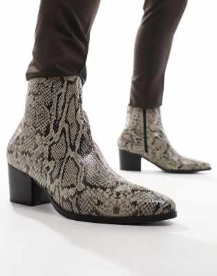 Asos Design Heeled Chelsea Boots In Snake Print Faux Leather-gray