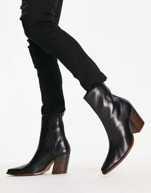 ASOS DESIGN heeled chelsea boots with angled heel in black leather with natural sole