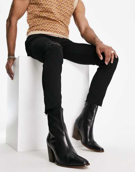 ASOS DESIGN heeled chelsea boots with angled heel in black leather with natural sole
