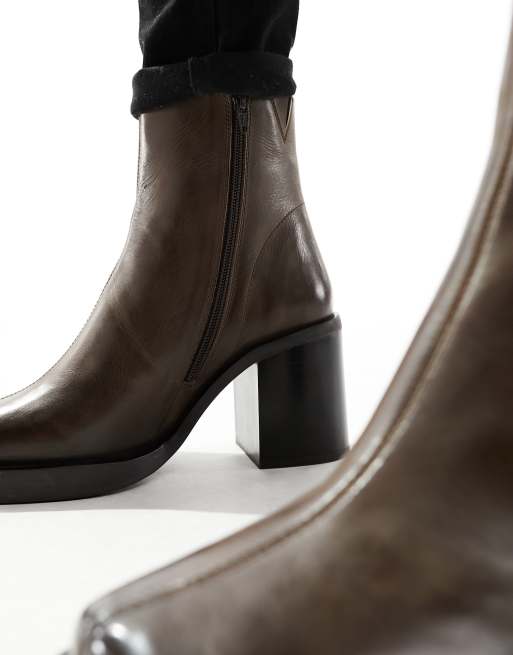 ASOS DESIGN heeled Chelsea boots with angled toe in brown leather