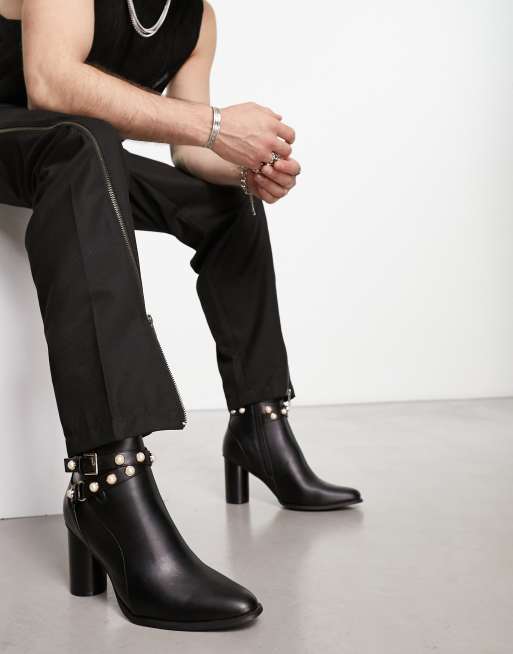 DESIGN heeled chelsea boots with pearl detail in black faux leather ASOS