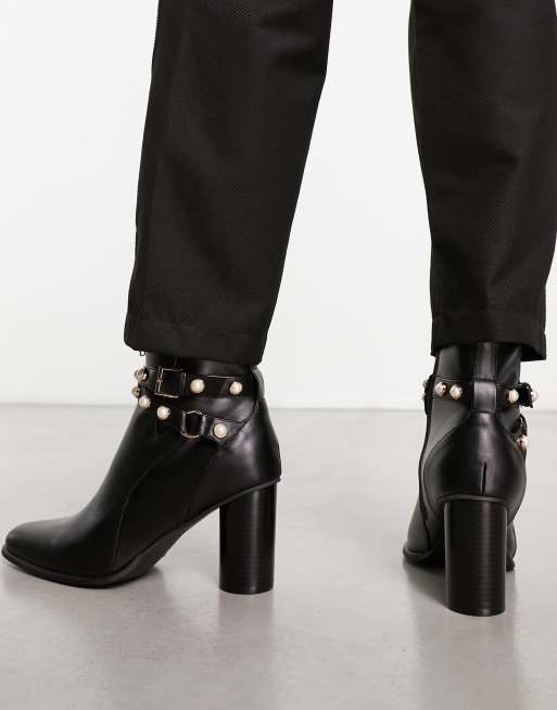 ASOS DESIGN heeled chelsea boots with pearl strap detail in black