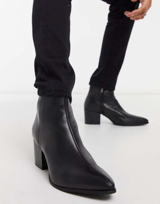 ASOS DESIGN heeled chelsea boots with pointed toe in black leather with  black sole | ASOS