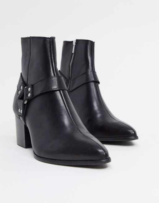 ASOS DESIGN heeled chelsea boots with pointed toe in black leather with strap detail