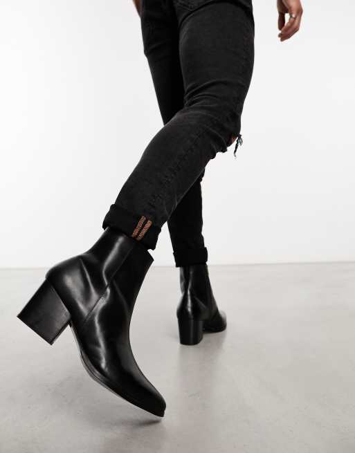 ASOS DESIGN heeled chelsea boots with pointed toe in black leather