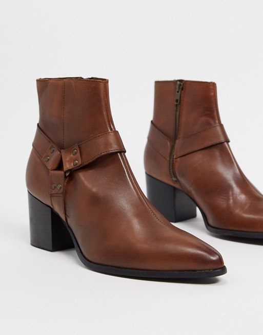 ASOS DESIGN heeled chelsea boots with pointed toe in brown leather with strap detail