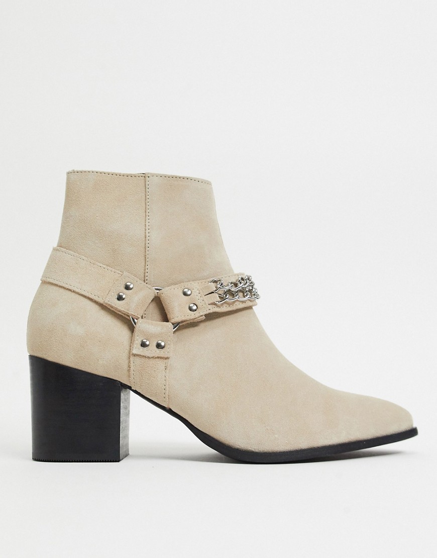 Asos Design Heeled Chelsea Boots With Pointed Toe In Stone Suede With Strap Detail-neutral