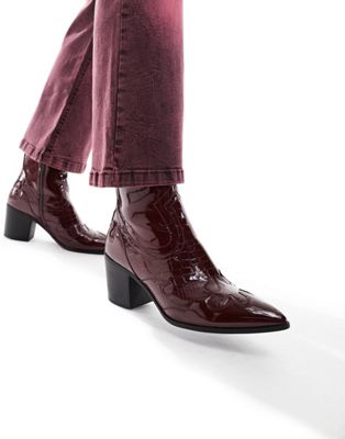 ASOS DESIGN heeled chelsea boots with western detail in burgundy faux leather