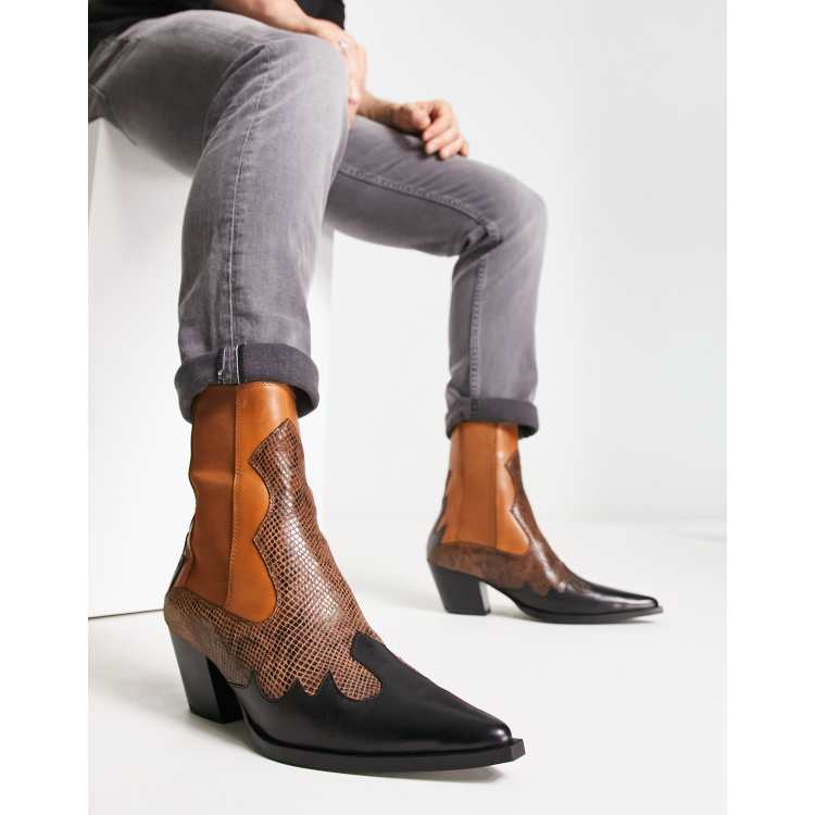 ASOS DESIGN heeled Chelsea western boots in brown leather | ASOS