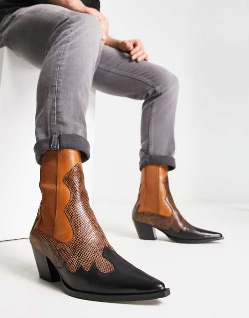 ASOS DESIGN heeled Chelsea western boots in brown leather ASOS