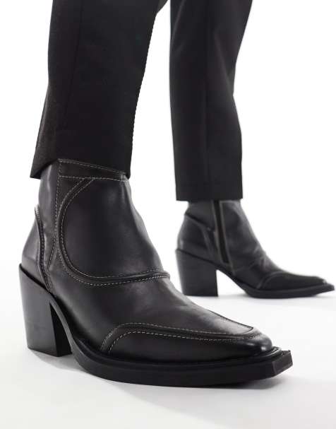 ASOS DESIGN heeled cuban boot in black leather with stitch detail - view 1