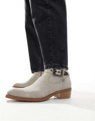  heeled cuban boot in grey suede with western buckle and detail